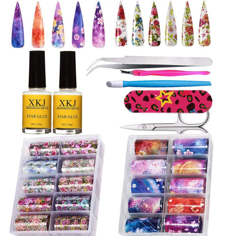 Nail Art Foil Glue Gel with Starry Sky Star Foil Stickers Set - Suncharm Holographic Nail Art Tips Transfer Stickers DIY Decoration, UV LED Lamp Required - BeesActive Australia