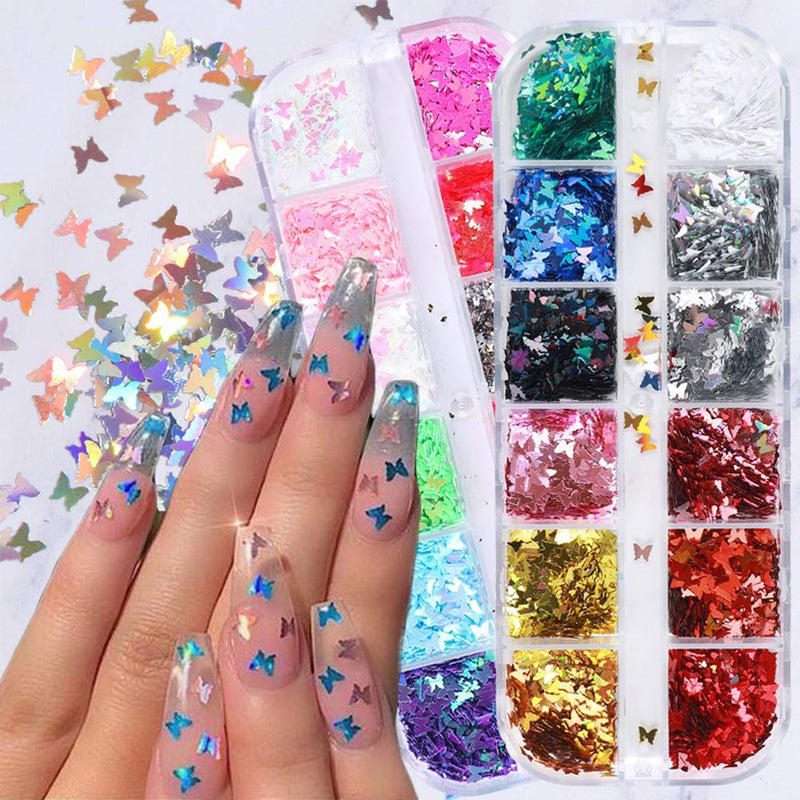 3D Butterfly Nail Glitter Sequins Splarkly Laser Butterfly Nail Sequin Holographic Acrylic Paillettes Nail Sparkle Glitter Flake for Nail Art Decoration Manicure Tips Nails Supply 24 Colors/set - BeesActive Australia