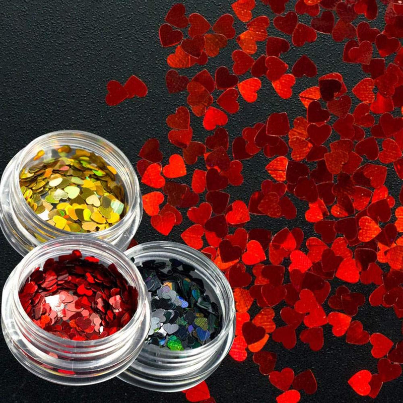 Nail Art Decals Heart Holographic Nail Art Sequins Glitter Kits Valentines Day Nail Art Supplies Kit Sweet Love Heart Nail Glitter Sequins Gold/Red/Black Shinning Manicure Tips 3 Box - BeesActive Australia