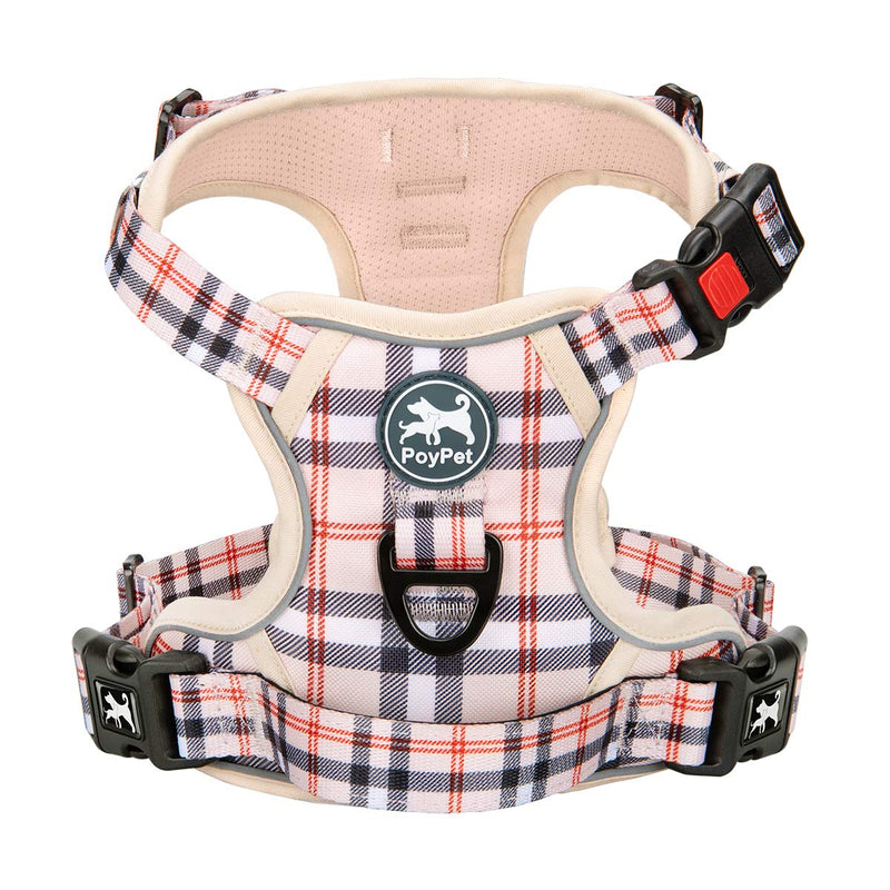 PoyPet No Pull Dog Harness, [Release at Neck] Reflective Adjustable No Choke Pet Vest with Front & Back 2 Leash Attachments, Soft Control Training Handle for Small Medium Large Dogs S Checkered Beige - BeesActive Australia