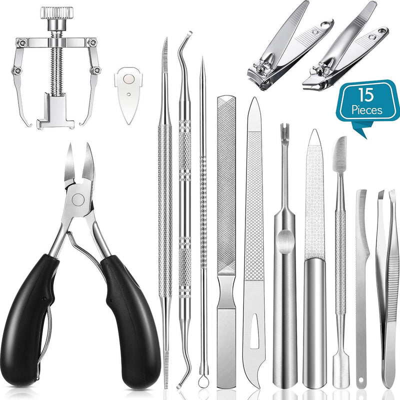 15 Pieces Ingrown Toenail Tools Stainless Steel Foot Nail Tools, Toenail File and Lifter, Nail Clipper, Cuticle Cutters, Cuticle Pusher and Manicure Pedicure Tools for Ingrown and Thick Nail (Black) Black - BeesActive Australia