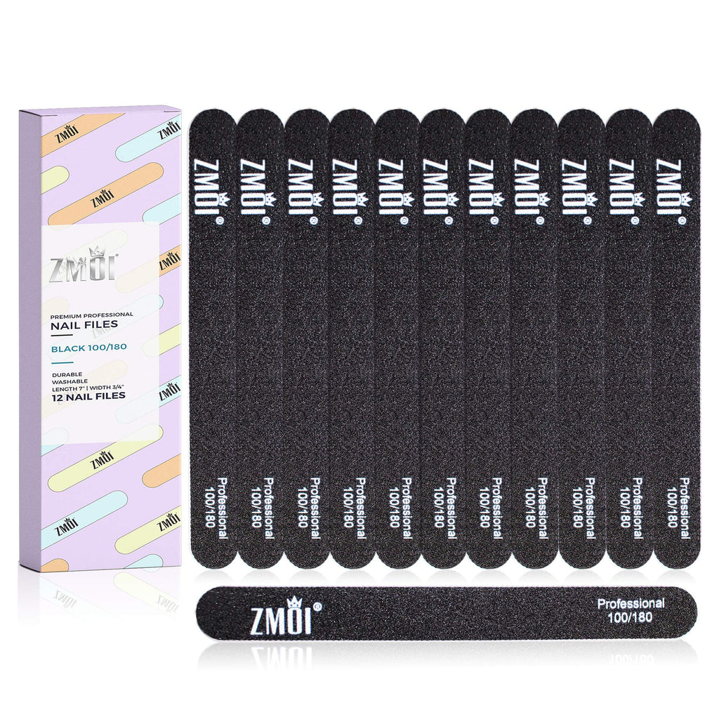 Professional Nail Files – Black Washable 12 Fingernail Files for Natural/Acrylic Nails – Waterproof and Durable Design – Rounded Ends – Ergonomic and Practical – Ideal for Salon, Home Use (100/180) 100/180 - BeesActive Australia