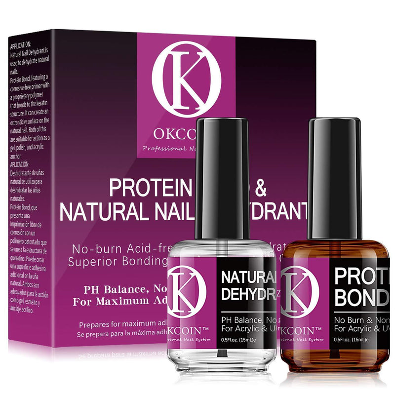 OKCOIN Nail Dehydrator and Primer Protein Bond Set - Non Acid No Burn Nail Prep Dehydrator and Primer for Acrylic Powder and Gel Nail Polish Builder Gel, Dual Use Superior Bonding Nail Primer 0.5oz - BeesActive Australia