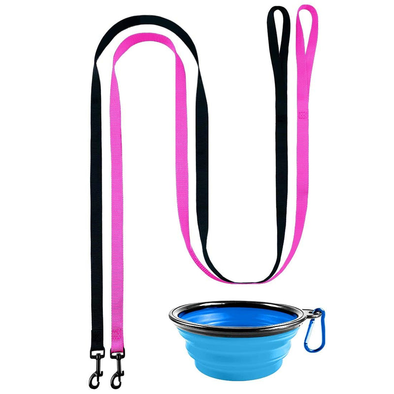 DOYOO 2 Pack Puppy Dog Leash Cat Leash, Strong and Durable Leash with Easy to Use Collar Hook - Dog Leashes for Cat with Collapsible Pet Bowl Great for Small and Medium Dog Set 02-Black+Pink - BeesActive Australia