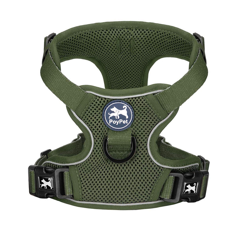 PoyPet Reflective Soft Breathable Mesh Dog Harness Choke-Free Double Padded Vest with Adjustable Neck and Chest Medium Military Green - BeesActive Australia
