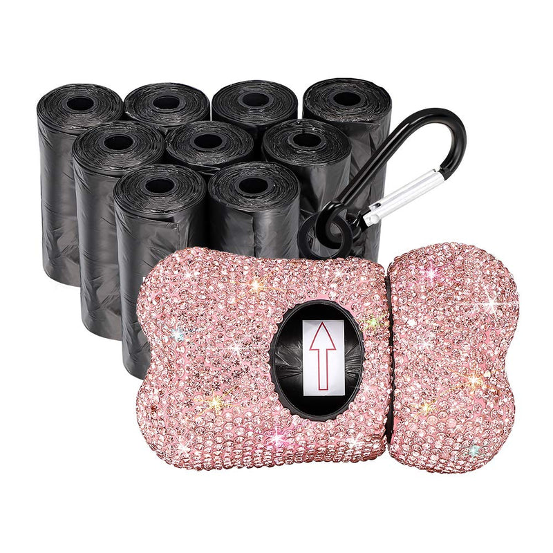 SAVORI Dog Poop Bag Holder Bling Rhinestone Poop Bag Leash Dispenser for Pet Dog Doggy Waste Bags with Metal Carabiner Clip Includes 10 Roll 150 Bags Pink - BeesActive Australia
