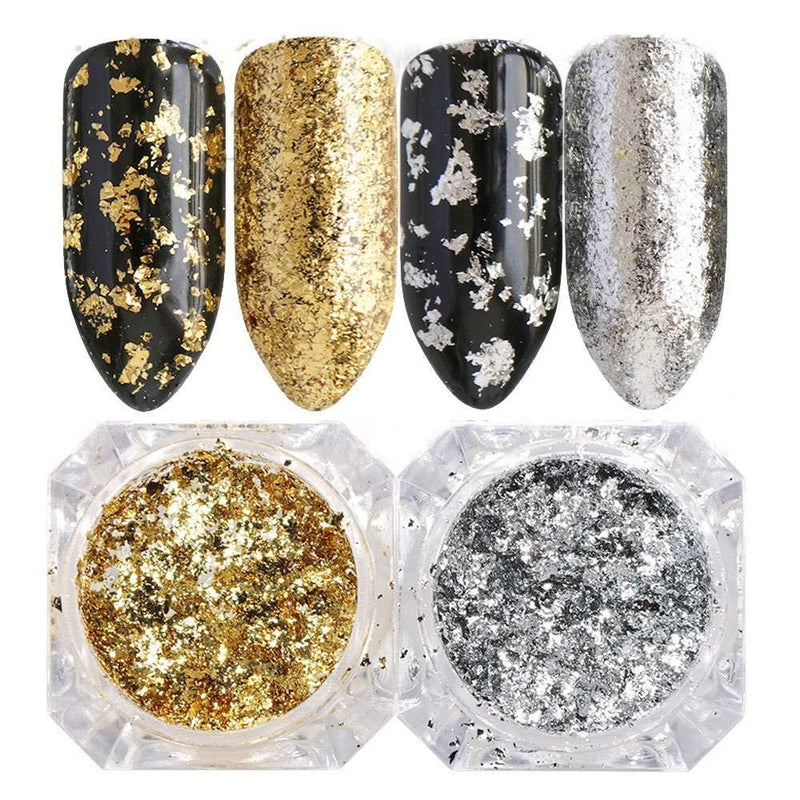 Nail Foil Holographic Glitter Nail Powder Kit Nail Art Gold Silver Glitter Aluminum Flakes Magic Mirror Effect Powders Sequins Nail Gel Polish Chrome Pigment Decorations 2 Box/Set - BeesActive Australia