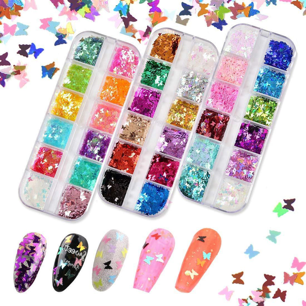 Butterfly Nail Art Glitter 36 Color Splarkly Nail Sequins Flake Acrylic Manicure Paillettes Ultrathin Face Body Glitters for Nail Art Decoration & DIY Crafting - BeesActive Australia