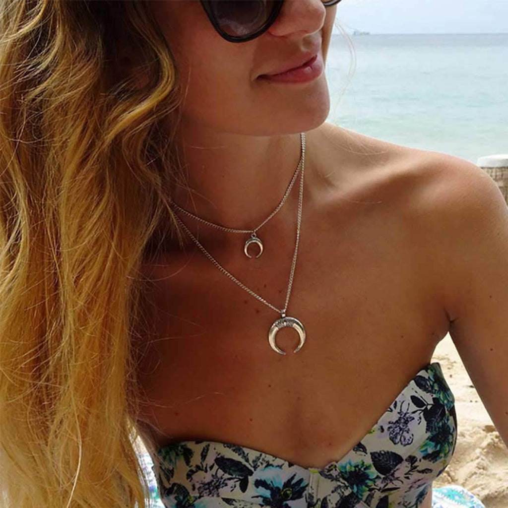 Easedaily Boho Layered Necklaces Silver Moon Pendant Crescent Choker Short Necklace Chain Jewelry for Women and Girls - BeesActive Australia