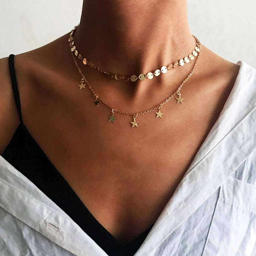 Easedaily Boho Layered Necklaces Gold Sequins Choker Star Pendant Short Necklace Chain Jewelry for Women and Girls - BeesActive Australia