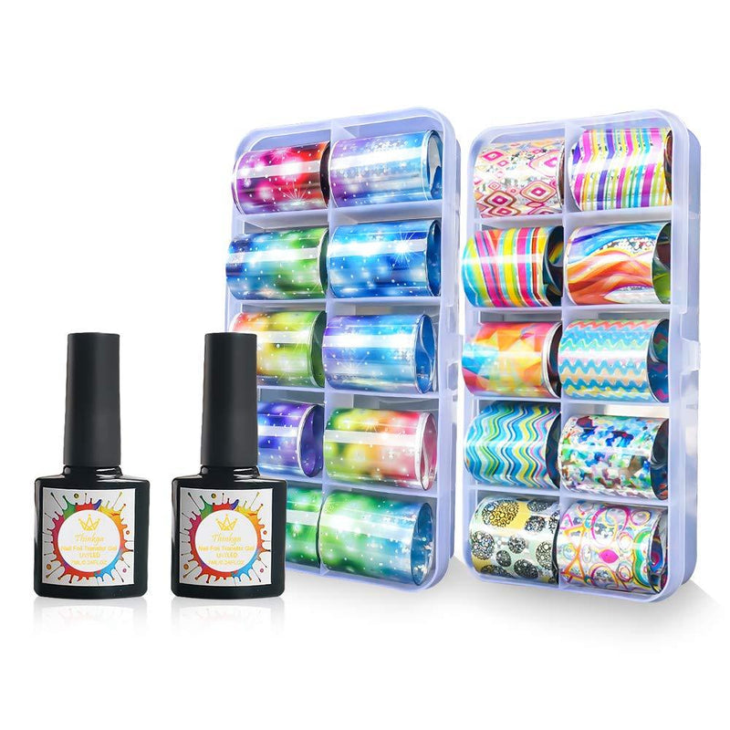 20pcs Holographic Nail Foil Sticker with Foil Glue Gel, Thinkga Nail Design Foil Kit with 20 Metallic Holographic Neon Nail Foil Sticker, 2pcs Foil Gel Transfer Nail Design, for Gel Nail, Acrliyc Nail Under 3 dollar - BeesActive Australia