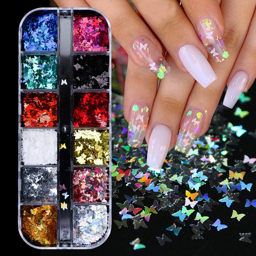 Butterfly Nail Art Sequins Holographic 3D Butterfly Nail Glitter Flakes Splarkly Laser Butterfly Nail Sequin Acrylic Paillettes Nail Sparkle Glitter Tips Nail Art Decoration Manicure Set (12 Colors) B - BeesActive Australia