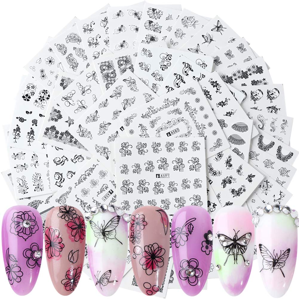Nail Stickers for Women Nail Art Accessories 40 Sheets Water Decals Nail Art Stickers Black Lace Flowers Leaves Butterfly Nail Decals for Nail Art Decoration Manicure Transfer Nail Art DIY - BeesActive Australia
