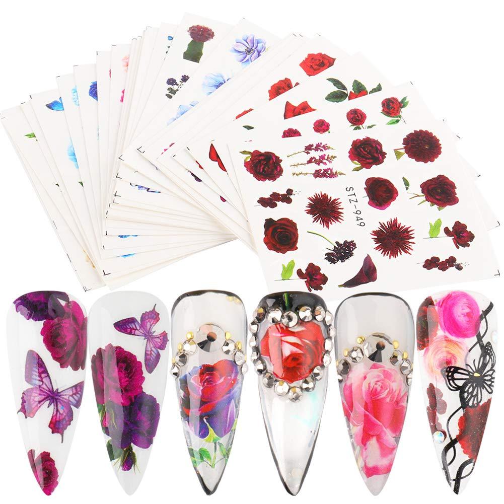 Nail Stickers for Women Nail Art Accessories Water Transfer Nail Decals Butterfly Rose Flower Nail Art Stickers Acrylic Manicure Nails Supply Nail Art Design DIY Decorations (24 Sheets) - BeesActive Australia