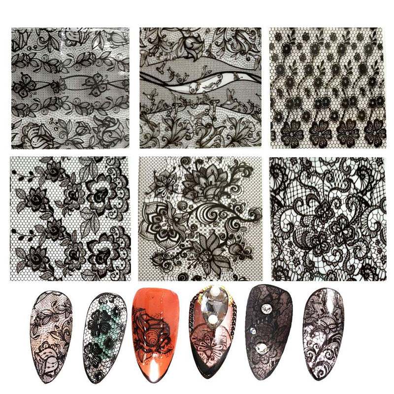 Nail Foil Transfer Butterfly Flower Black Lace Foil for Nails Sticker Holographic Acrylic False Nail Decorations DIY Salon Nail Art Foil Nail Decal for Women Manicure Tips Wraps Glitter Sparkle 6 Set - BeesActive Australia