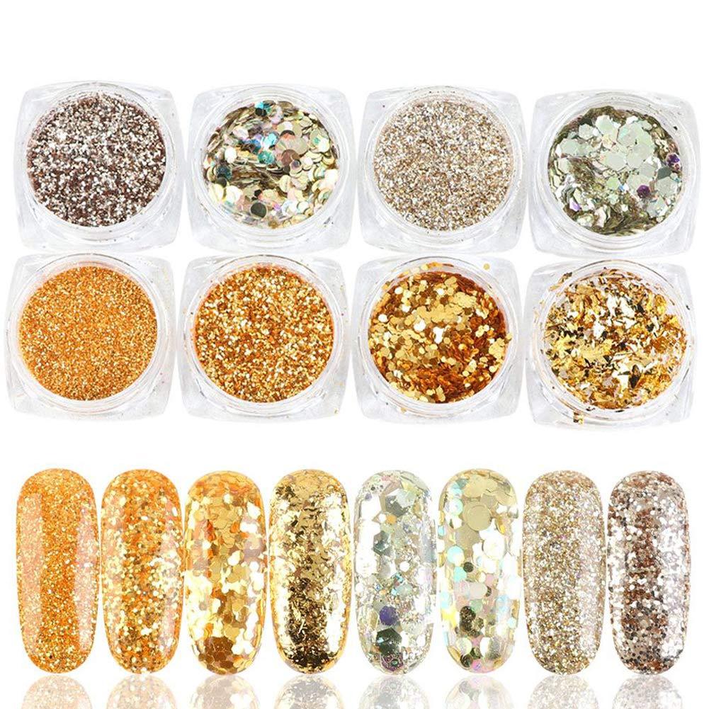 Holographic Nail Glitter Flakes Acrylic Nails Powder Gold Silver Nail Art Sequins 3D Nails Supply Sparkle Glitter Design for Nails Decoration Shining Manicure Tips Charms Accessories (8 Boxes) - BeesActive Australia