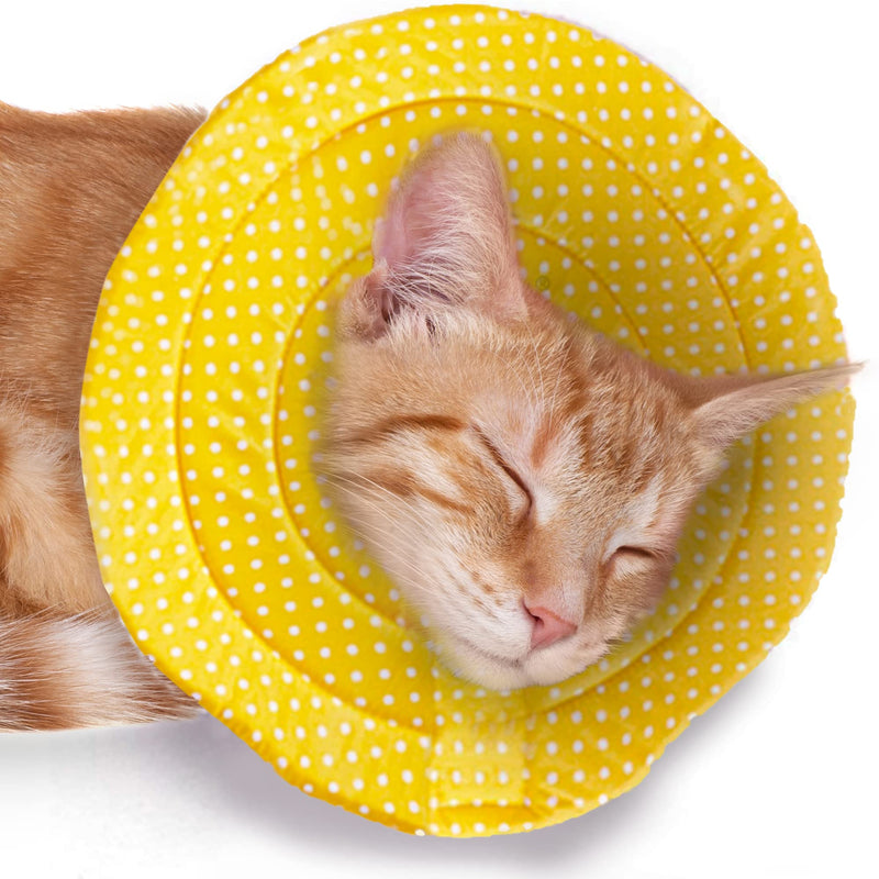 Meric Cat Cone, Recovery Soft Collar for Bathing and Grooming, Cotton, Yellow with White Polka Dots 9”-11” Neck Size - BeesActive Australia
