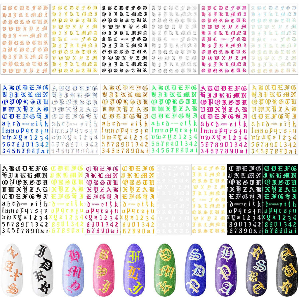 20 Sheets Holographic Letter Nail Art Sticker Old English Alphabet Nail Art Sticker Gummed Adhesive Letter Nail Decal Number Nail Decorations for Salon Home DIY Nail Art, 20 Colors - BeesActive Australia
