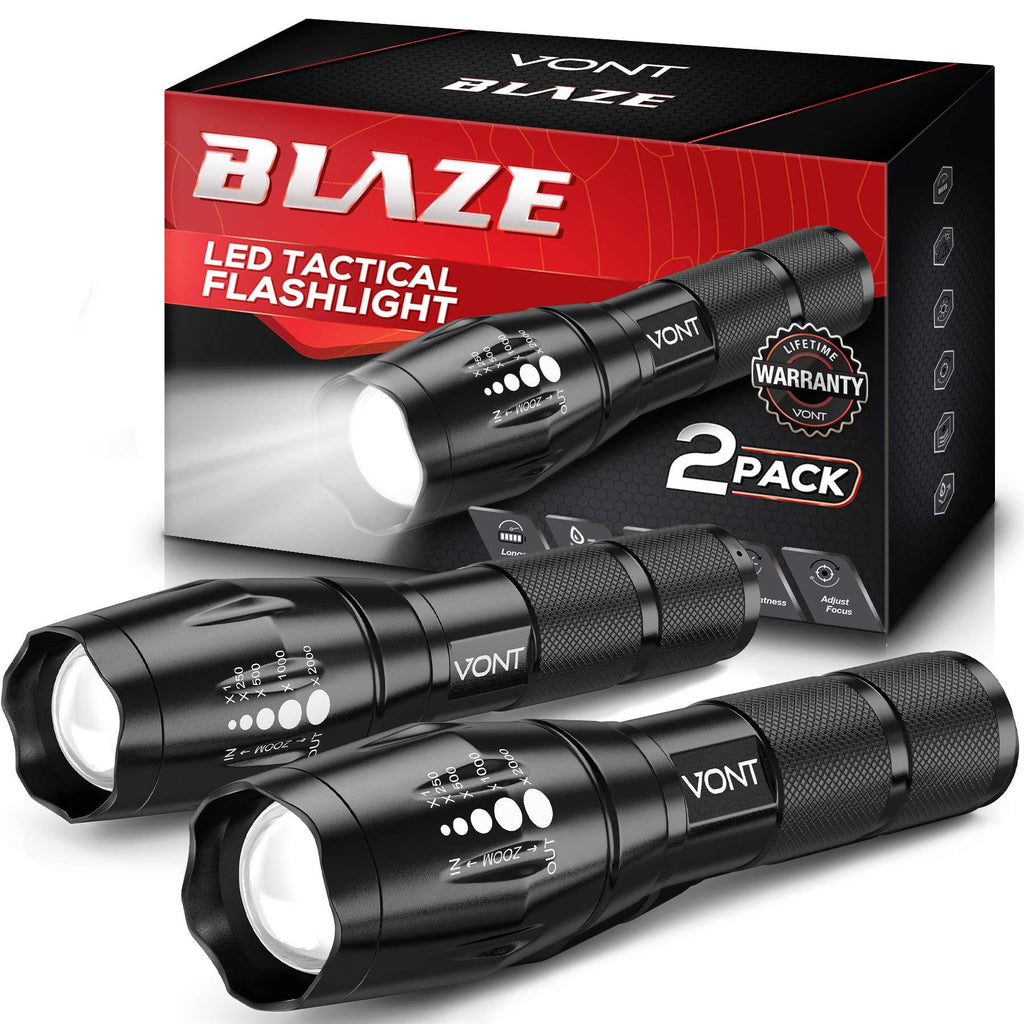 Vont 'Blaze' Tactical Flashlight (2 Pack) LED Flashlights, Extremely Bright Flash Light, High Lumen, Adjustable Beam, Water-Resistant, Gear & Accessories for Hiking, Camping, Survival, Emergency - BeesActive Australia
