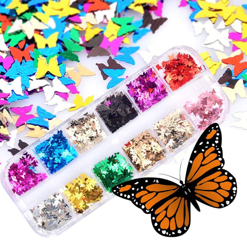 Huastyle 12 Colors Nail Art Flakes Decals, 3D Butterfly Nail Glitter Sequins Stickers Manicure Supplies for Nail Art Decoration & DIY Crafting - BeesActive Australia