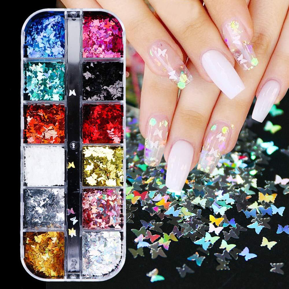 Butterfly Nail Art Glitter Sequins 3D Holographic Butterfly Nails Supply Sticker Decals Laser Design Sparkle Butterflies Nail Flakes for Fingernails Toenails Decorations Manicure Tips Wraps Charms - BeesActive Australia