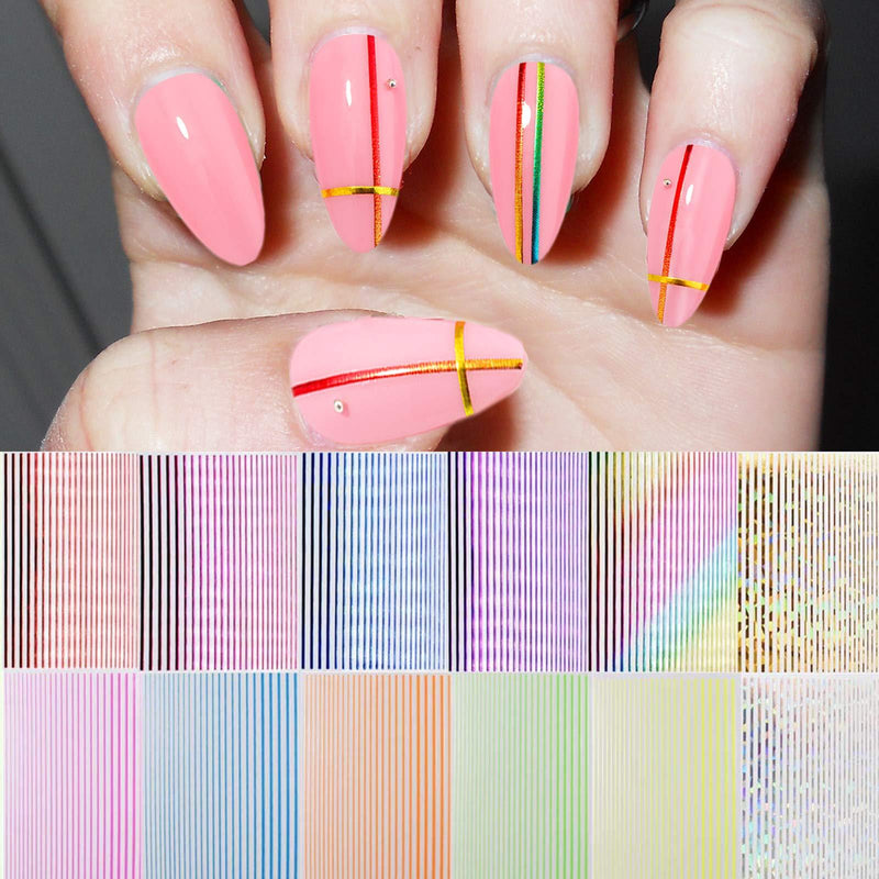 EBANKU 12 Sheets 3D Strip Line Nail Stickers, Fluorescent Laser Colorful Adhesive Striping Tape Nail Design for Women Girls Nail Art Decoration - BeesActive Australia