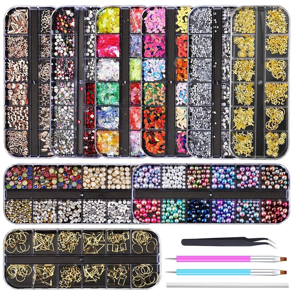 Artdone 9 boxes Nail Rhinestones,Nail Gems Nail Diamonds,Nail Art Studs Nail Crystals Nail Sequins for Nails Kit with 1 Tweezers and 3 Pen for Nail Art Supplies Accessories - BeesActive Australia