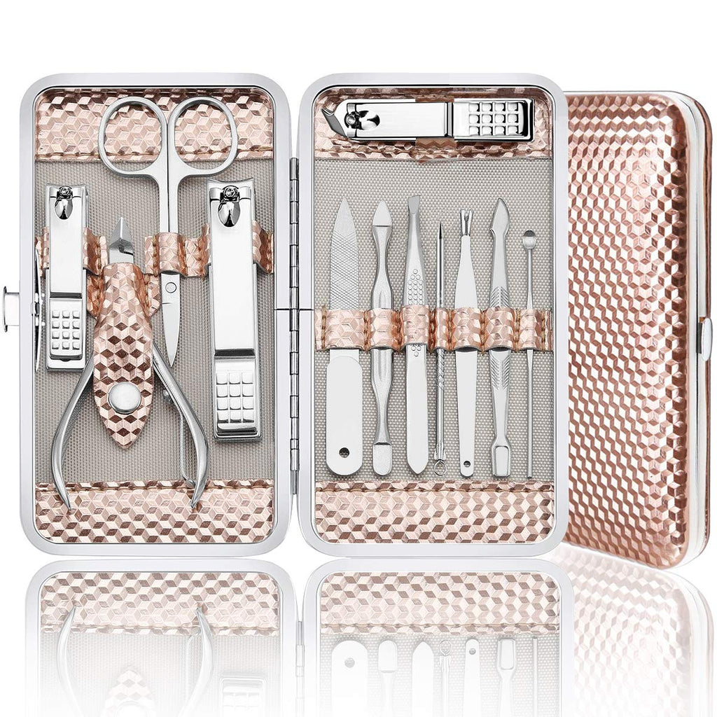 Yougai Manicure Set Professional Nail Clippers Set, 12Pcs Manicure Kit Stainless Steel Nail Kit for Women, Pedicure Set Nail Grooming Kit with Travel Case Rose Gold - BeesActive Australia