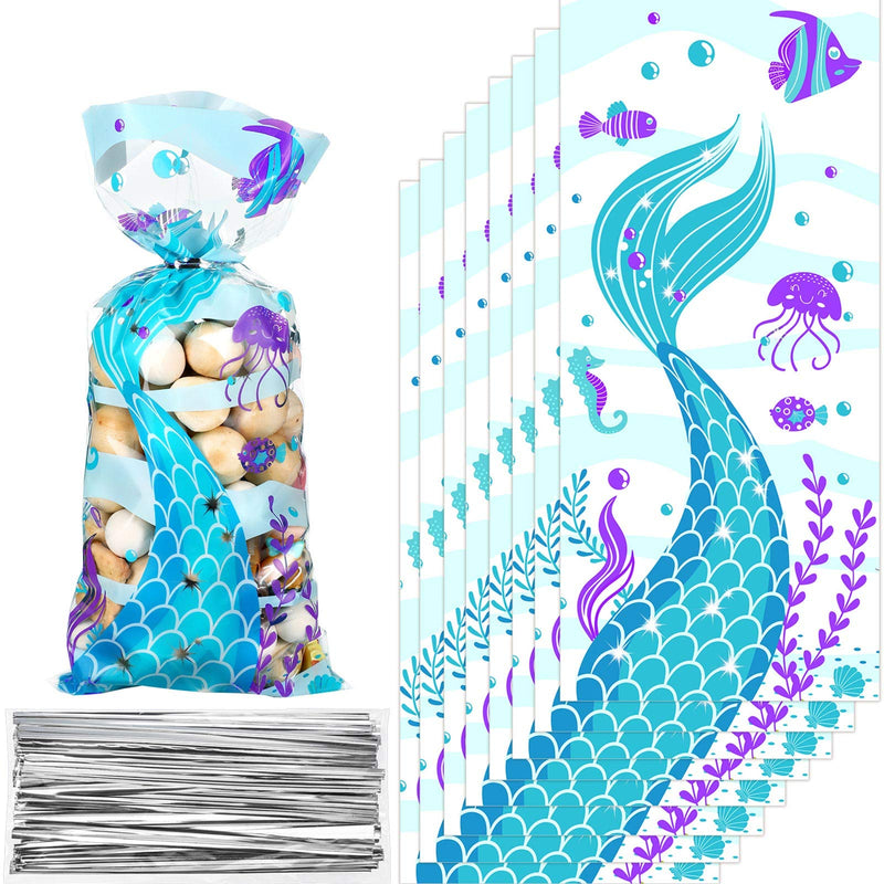 100 Pieces Plastic Mermaid Birthday Party Treat Bags Cellophane Clear Mermaid Tail Theme Cookie Candy Goodie Bags with 100 Silver Twist Ties for Under The Mermaid Sea Themed Birthday Party Supplies - BeesActive Australia