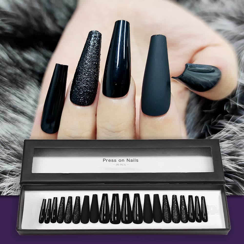 NOVAL Black Press on Nails Full Cover Coffin Shape False Nail Tips 20 PCS/BOX L-20 PCS Black Stitching - BeesActive Australia