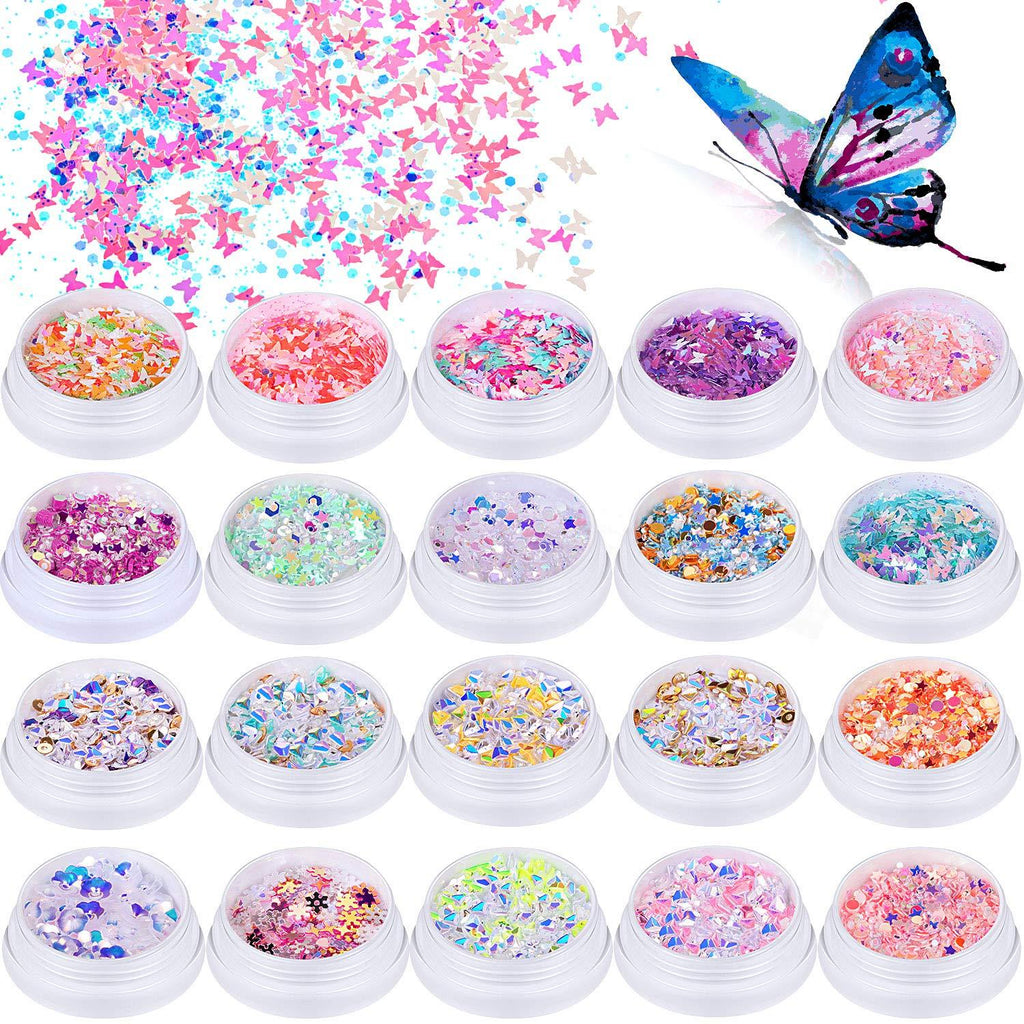 20 Boxes 3D Butterfly Nail Glitter Sequins, Snowflake Diamond Star Shaped Laser Sequins Colorful Nail Sequin Acrylic Paillettes Decoration for DIY Nail Art Decoration - BeesActive Australia