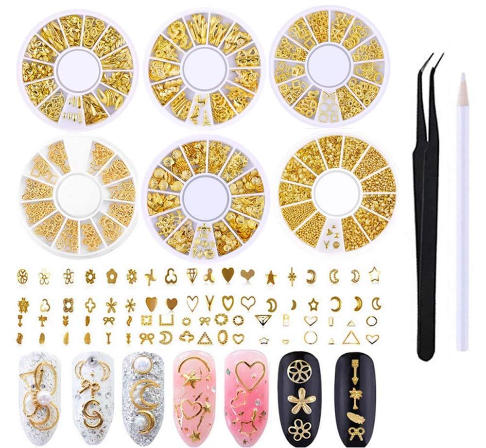 6 Boxes Gold Metal Nail Studs Rose Star Moon Feather Nail Charm Kit 3D Nail Art Jewelry Decoration - BeesActive Australia