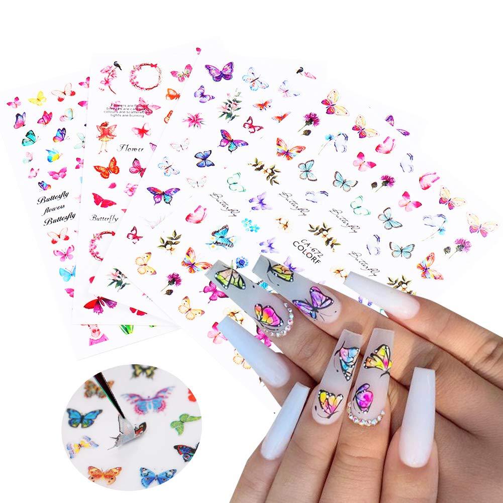 Butterfly Nail Art Stickers Nail Butterfly Flower Design Nail Accessories Nail Decals 3D Nail Butterfly Self-Adhesive Colorful Butterflies Nail Art Foils for Nails Design Manicure Tips Decor (4Sheets) - BeesActive Australia