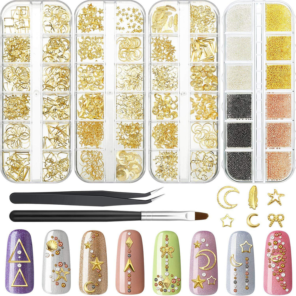 48 Grids 3D Metal Nails Supply Studs Micro Caviar Beads Gold Nail Art Decoration Metal Star Moon Heart Triangle Square Rivet Jewels with Curved Tweezers Nail Brush for Fingernails Toenails Decor - BeesActive Australia