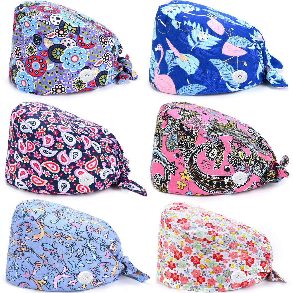 SATINIOR 6 Pieces Adjustable Turban Caps with Button and Cotton Sweatband Bouffant Printed Covering Hat for Women Men - BeesActive Australia