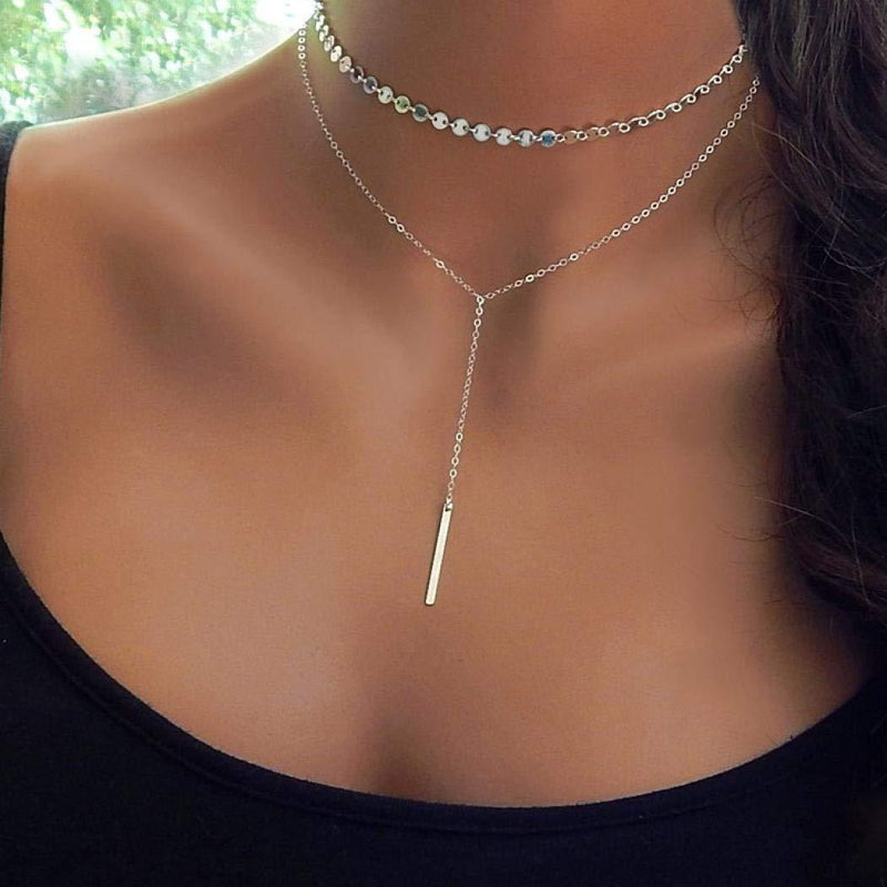 TseanYi Vertical Bar Necklace Choker Gold Sequin Disc Layered Necklaces Chain Small Disk Coins Necklace Jewelry for Women and Girls (Gold) - BeesActive Australia