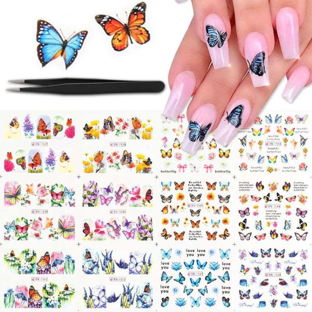 ZesNice Butterfly Nail Art Stickers Water Transferc Decals Flowers Designs gel nail polish stickers for women DIY Colorful Butterflies Foils for Nails Design Manicure Tips Decor(12Pcs+1Pcs Tweezers) - BeesActive Australia