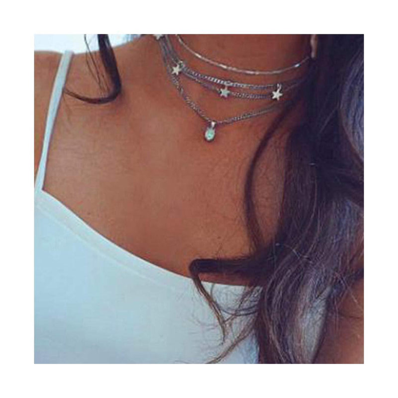 Hannah Boho Opal Layered Necklaces Gold Short Star Pendant Choker Necklaces Chain Jewelry for Women and Girls - BeesActive Australia