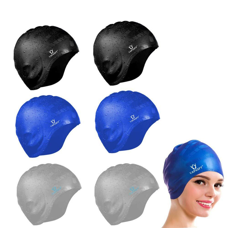 Cover Ears Swim Caps for Long Hair 100% Silicone Swimming Hat for Unisex Adult Kids Reduce Water Intake Makes Your Hair Clean Black+Blue+Silver(6p) - BeesActive Australia