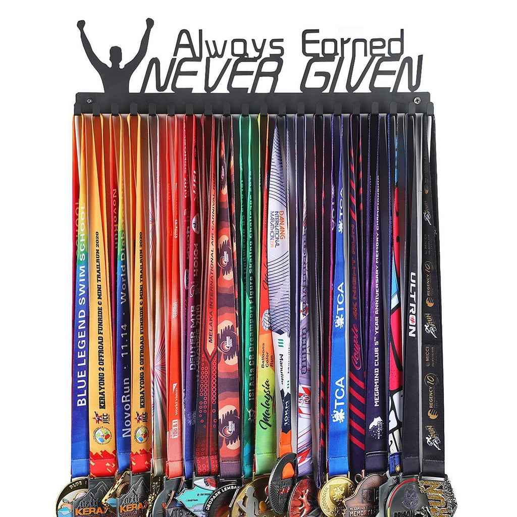 Goutoports Medal Holder Display Hanger Rack Frame for Sport Race Runner-Always Earned Never Given -Sturdy Black Steel Metal Over 60 Medals Easy to Install - BeesActive Australia