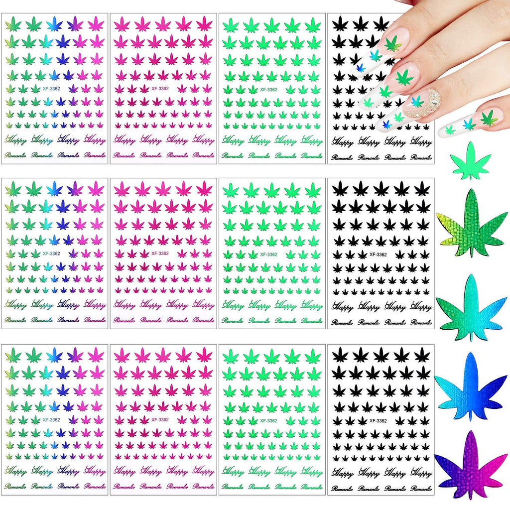 12 Sheets Pot Leaves Nail Stickers Colorful Leaf Nail Stickers Self-Adhesive Leaves Nail Decals Leaf Manicure Nail Stickers for Women and Girls Nail Decorations (Rainbow, Rose Red, Green, Black) Rainbow, Rose Red, Green, Black - BeesActive Australia