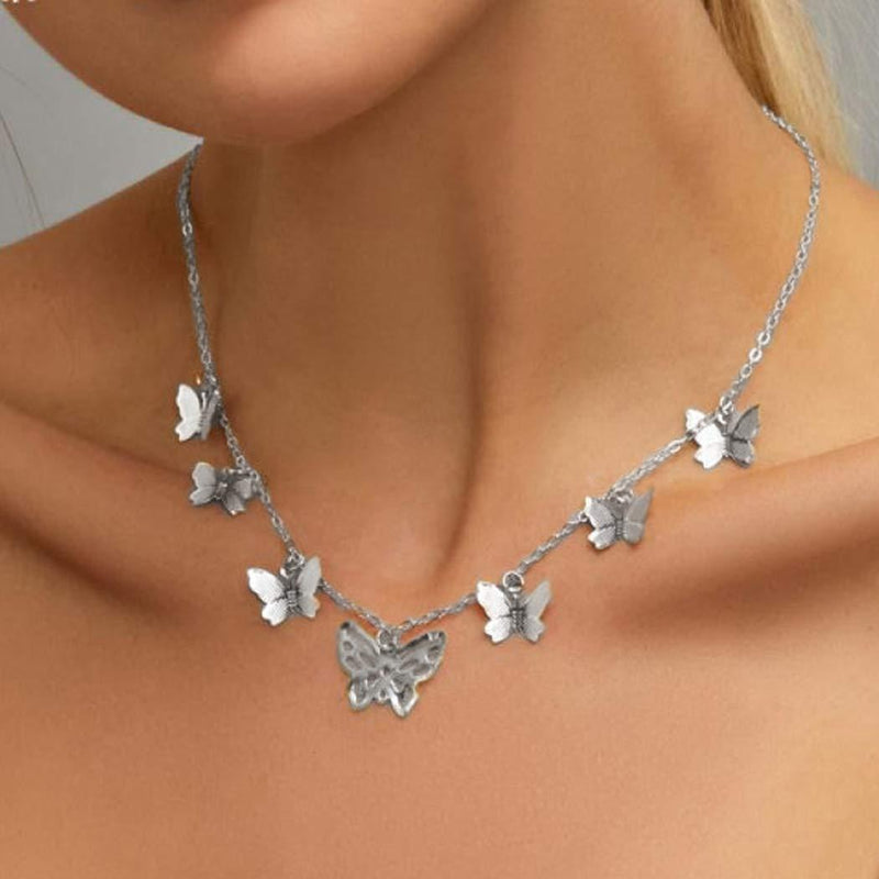 TseanYi Butterfly Choker Necklace Butterfly Silver Pendant Necklace Chain Boho Clavicle Chain Necklace Jewelry for Women and Girls (Silver) - BeesActive Australia