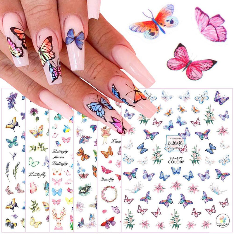 3D Butterfly Nail Art Decals Sticker Nails Supply Flowers Butterfly Nail Art Stickers False Nails Designs Acrylic Nails Supplies Self-Adhesive Butterflies Nail Art Decoration Accessories (6 Sheets) - BeesActive Australia