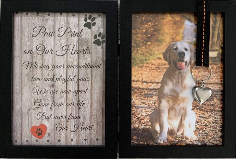 Pawprints Remembered Pet Memorial 5"x7" Picture Frame for Dog or Cat with Ribbon and Hanging Pendant - Features a Folding Photo Frame and Sympathy Poem - Loss of Pet Gift Heart Pendant - BeesActive Australia