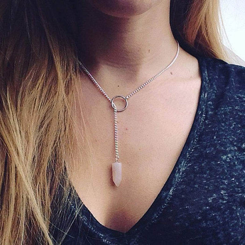 Hannah Boho Crystal Necklaces Silver Short Y-Shape Pendant Necklace Chain Jewelry for Women and Girls - BeesActive Australia