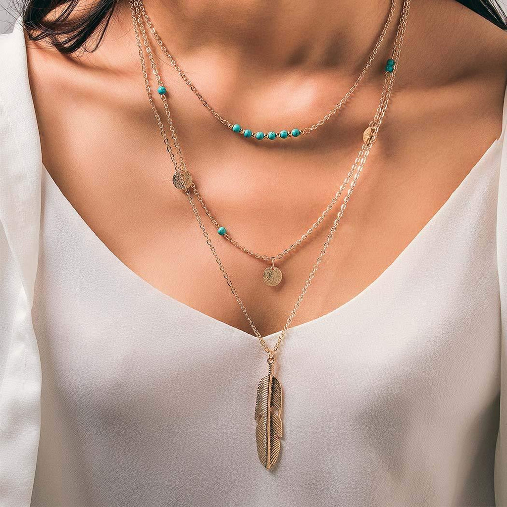 Hannah Boho Turquoise Layered Necklaces Gold Short Sequins Pendant Necklaces Chain Jewelry for Women and Girls - BeesActive Australia