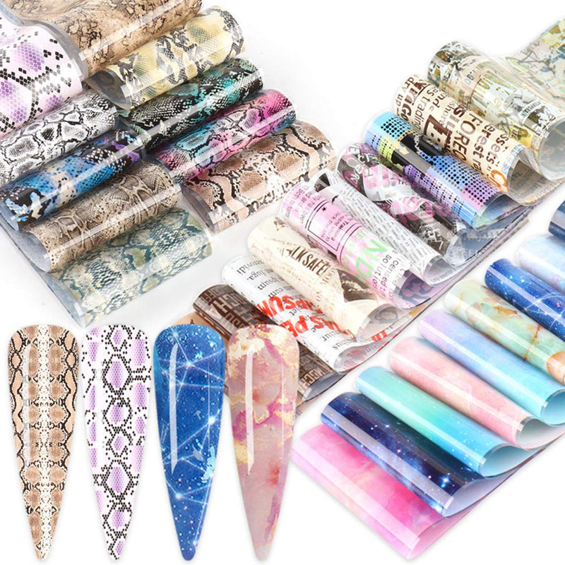 50 Designs Nail Art Foil Transfer Stickers Holographic Laser Nail Transfer Foils Set Butterfly Newspaper Lace Marble Serpentine Print Starry Sky Nail Decals for Nails Supply Nail Art Decorations - BeesActive Australia