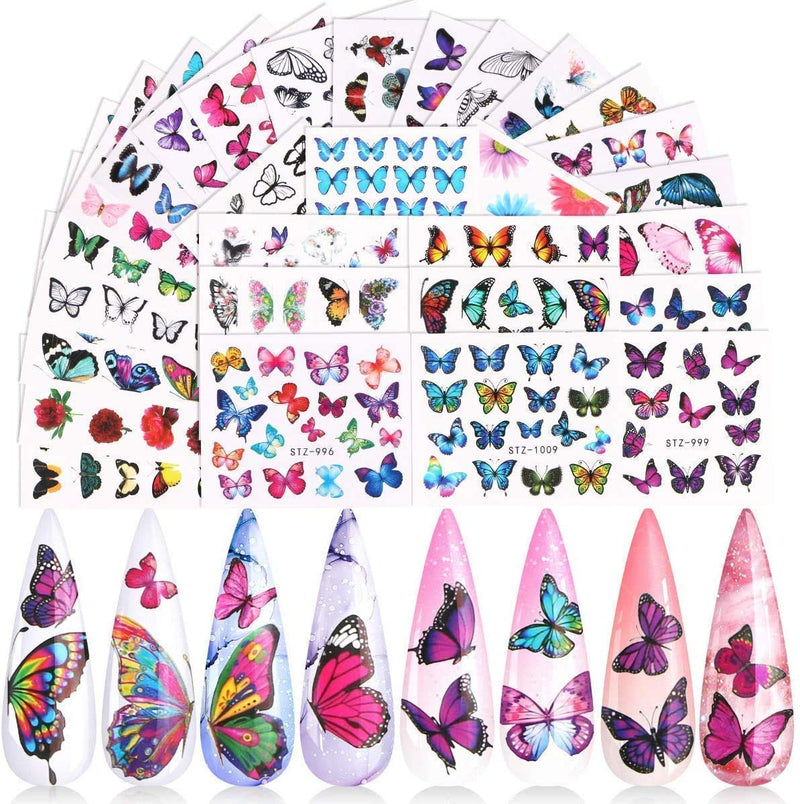 30 Sheets Butterfly Nail Art Stickers Nail Stickers for Acrylic Nails Art Foils Decoration Manicure Tips Sticker Water Transfer Nail Decals DIY Colorful Butterfly Nail Art Manicure - BeesActive Australia