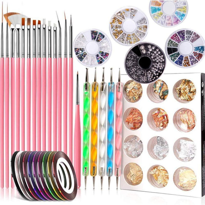 Nail Art Pens Nail Kit 47 Pcs, Dotting Foil 15 Pcs Nail Designer Kit Set, Designer Nail Foil, Paillette Decoration Manicure 5 Boxes Rhinestones Tape Color for Nails Pink - BeesActive Australia