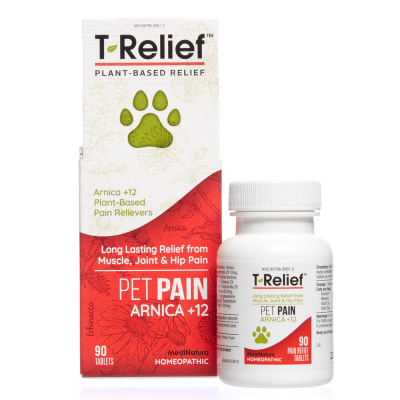 T-Relief Pet Pain Relief Arnica +12 Powerful Natural Medicines Help Reduce Muscle, Joint & Hip Pain, Soreness, Stiffness, Injuries in Dogs & Cats - Vet Approved, Fast-Acting Soother - 90 Tablets - BeesActive Australia